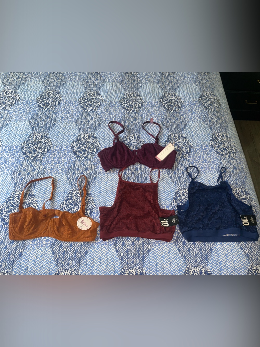 Lace Bralette Bundle-Burgundy, Navy Blue, Purple & Brown-Rust